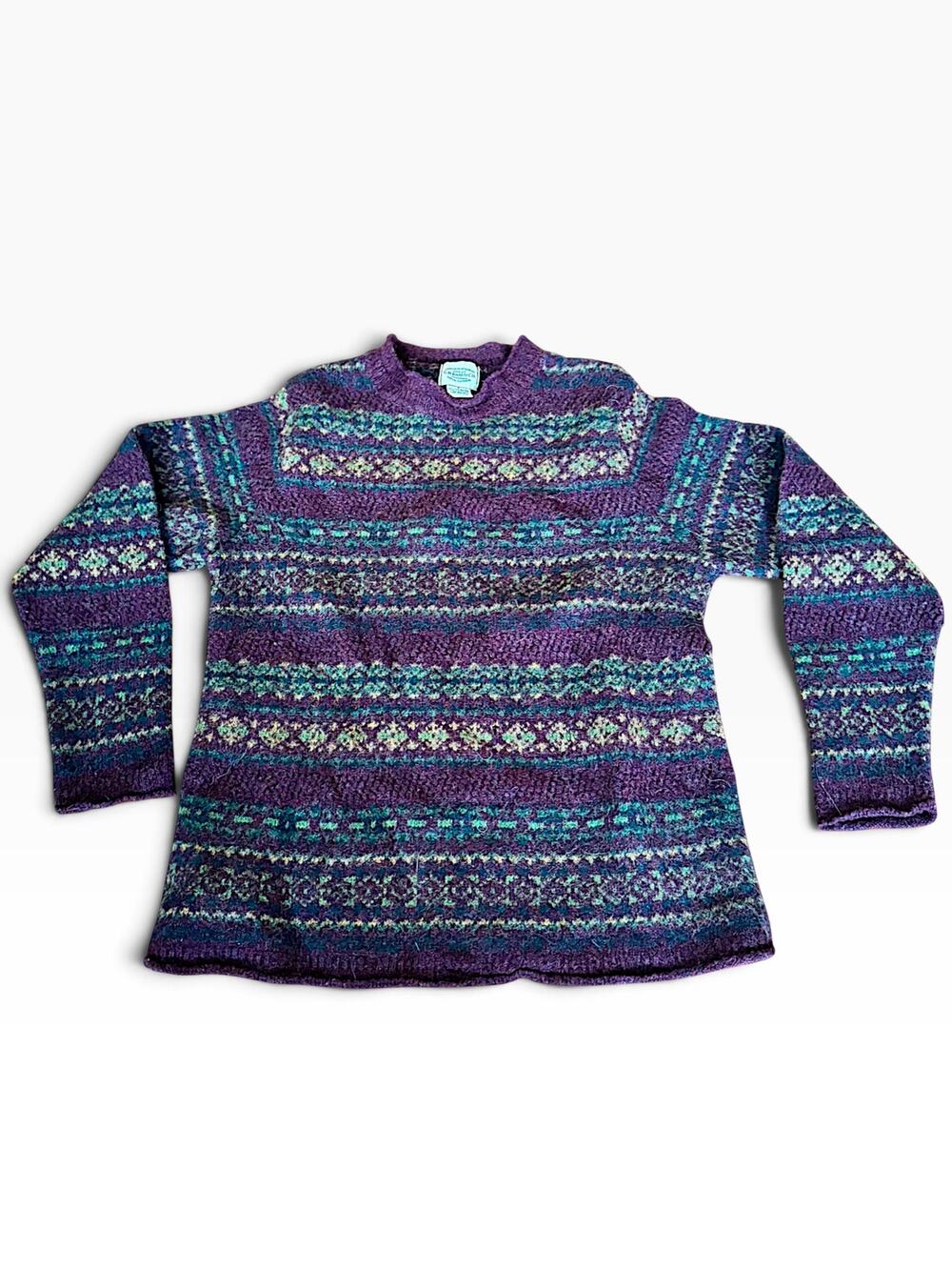 Vintage G.H. Bass & Co Fair Isle Wool Sweater S Made in Scotland Purple Teal 90s